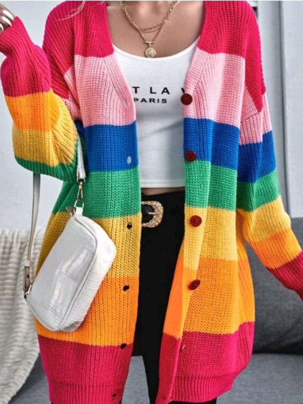 One Size Rainbow Button-Front Women's Cardigan Sweater